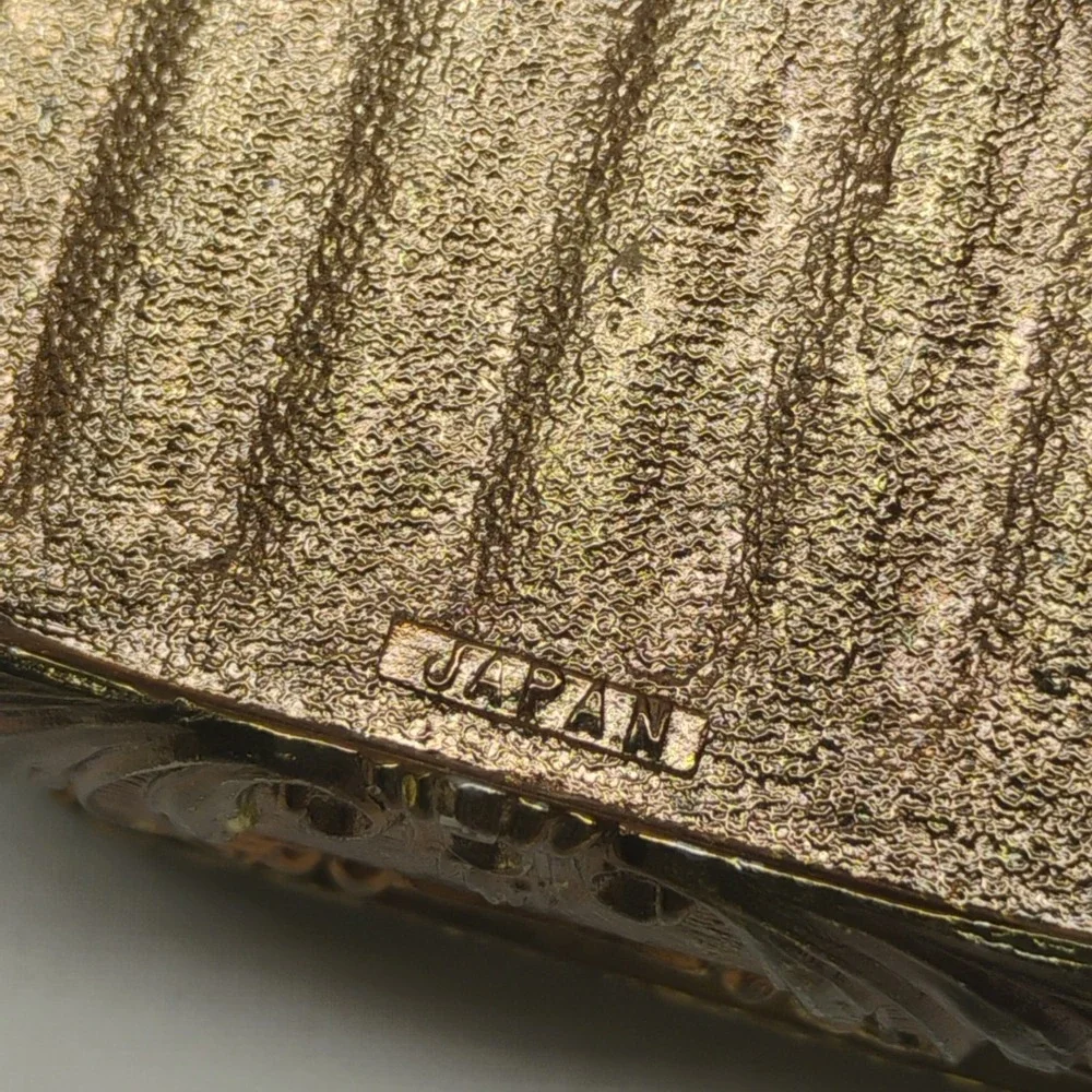 Vintage Victorian Ornate Japan Gold Tone Metal Trinket Box Lined Footed Jewelry